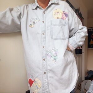 Handmade patchwork upcycled hearts Cottagecore old quilts reworked denim shirt